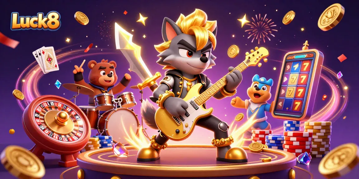Experience the excitement of Luck8 with a vibrant 3D casino scene featuring a rock star wolf and drum bear.
