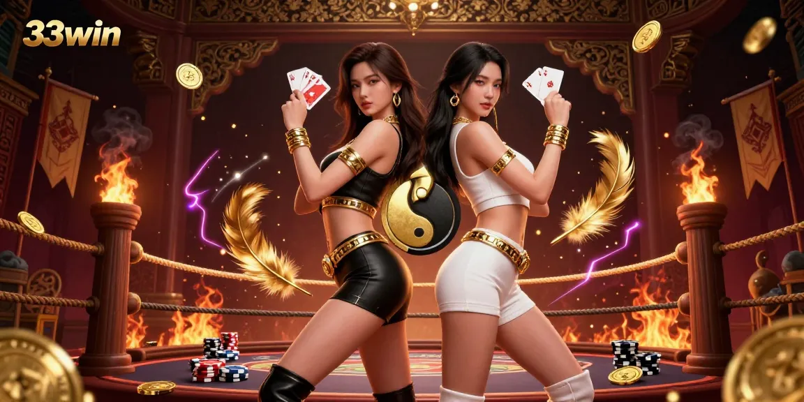 Experience exciting gaming with 33win's stunning twins displaying poker skills in a vibrant arena.
