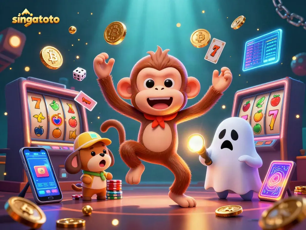Engage with singatoto's thrilling casino action featuring a playful ghost and puppy in a vibrant scene.