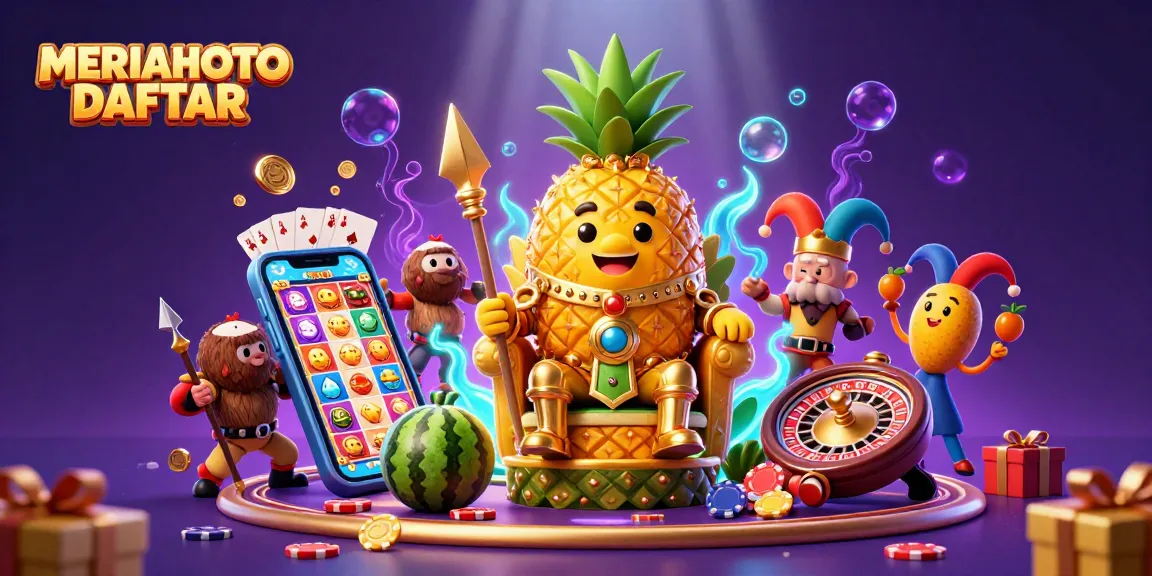 Gambarkan MERIAHTOTO DAFTAR dengan raja nanas emas dan elemen kasino yang menarik.