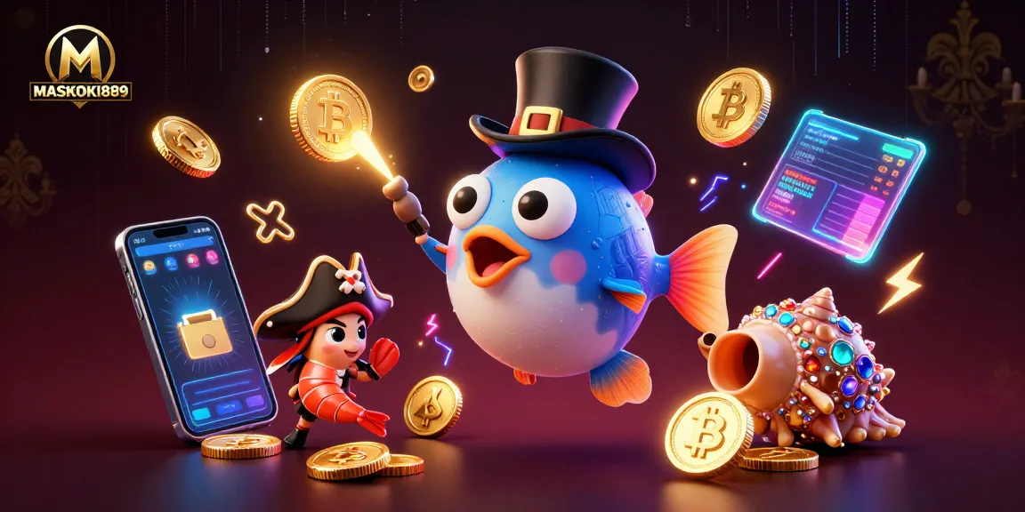 Engage with MASKOKI889 as the anglerfish attracts sparkling gold coins amidst crypto elements.