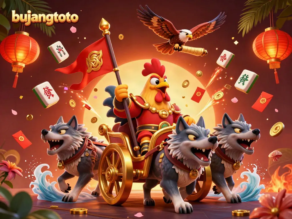 Experience bujangtoto's vibrant online gaming adventure with a dynamic 3D illustration showcasing excitement and rich graphics.