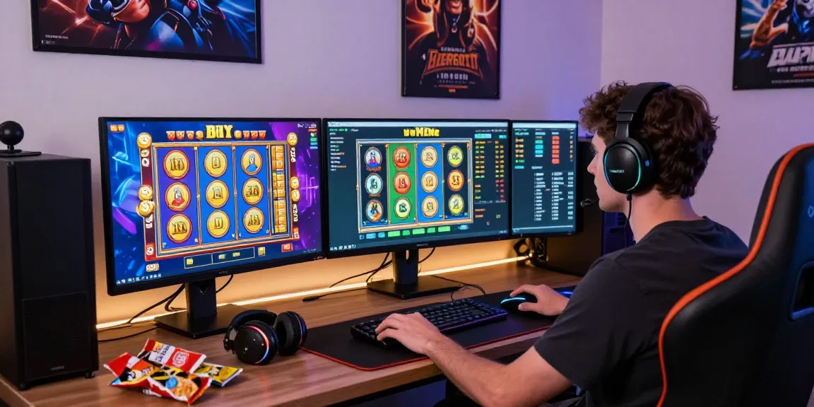 Player enjoying tempototo online slots at a vibrant gaming desk with multiple screens.