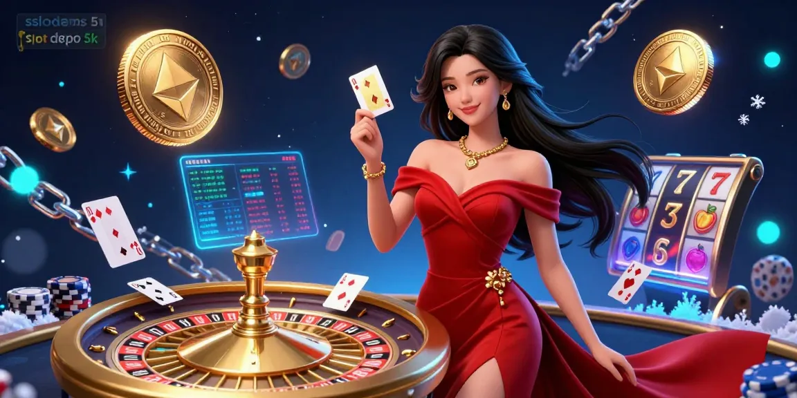 Experience the thrill of slot depo 5k with stunning casino visuals featuring a glamorous woman and rich gaming elements.