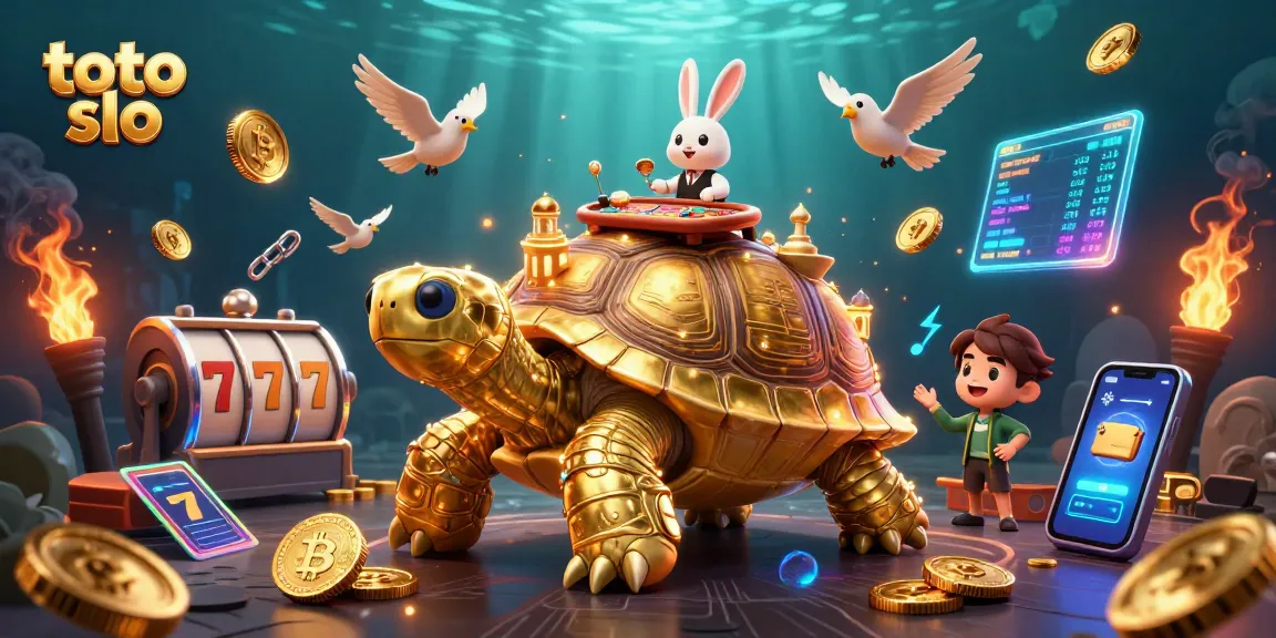Toto slo showcases dynamic slot gameplay with vibrant characters, a golden tortoise casino, and flying coins.