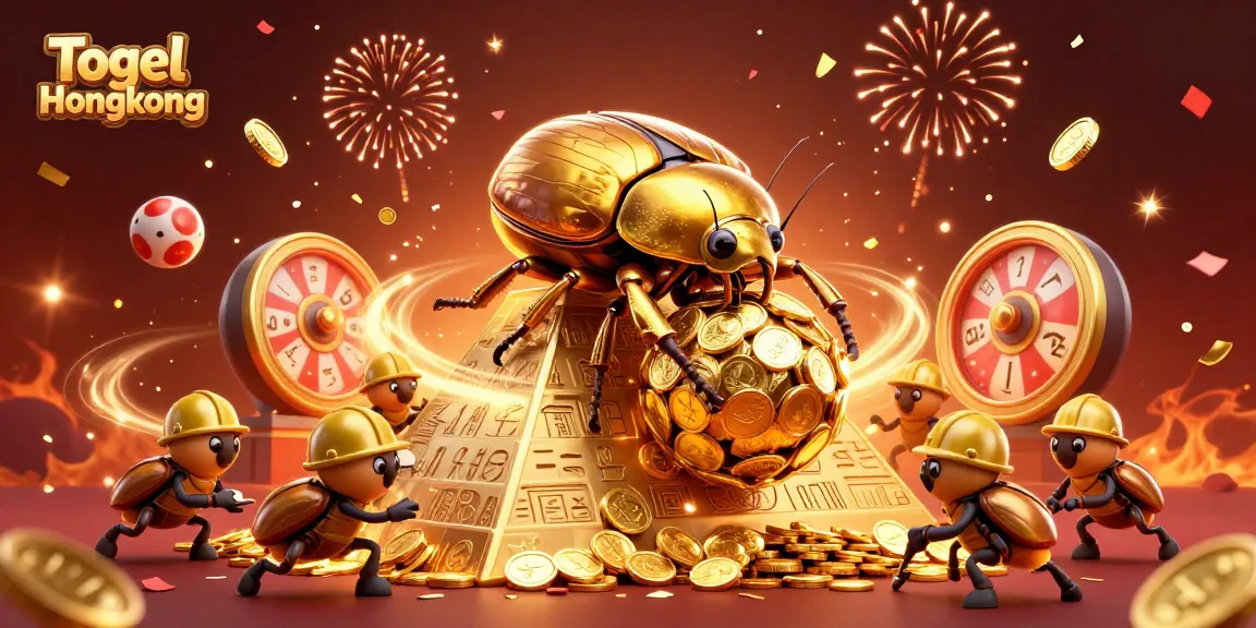 Togel Hongkong interactive lottery scene featuring golden beetles and floating prize elements.