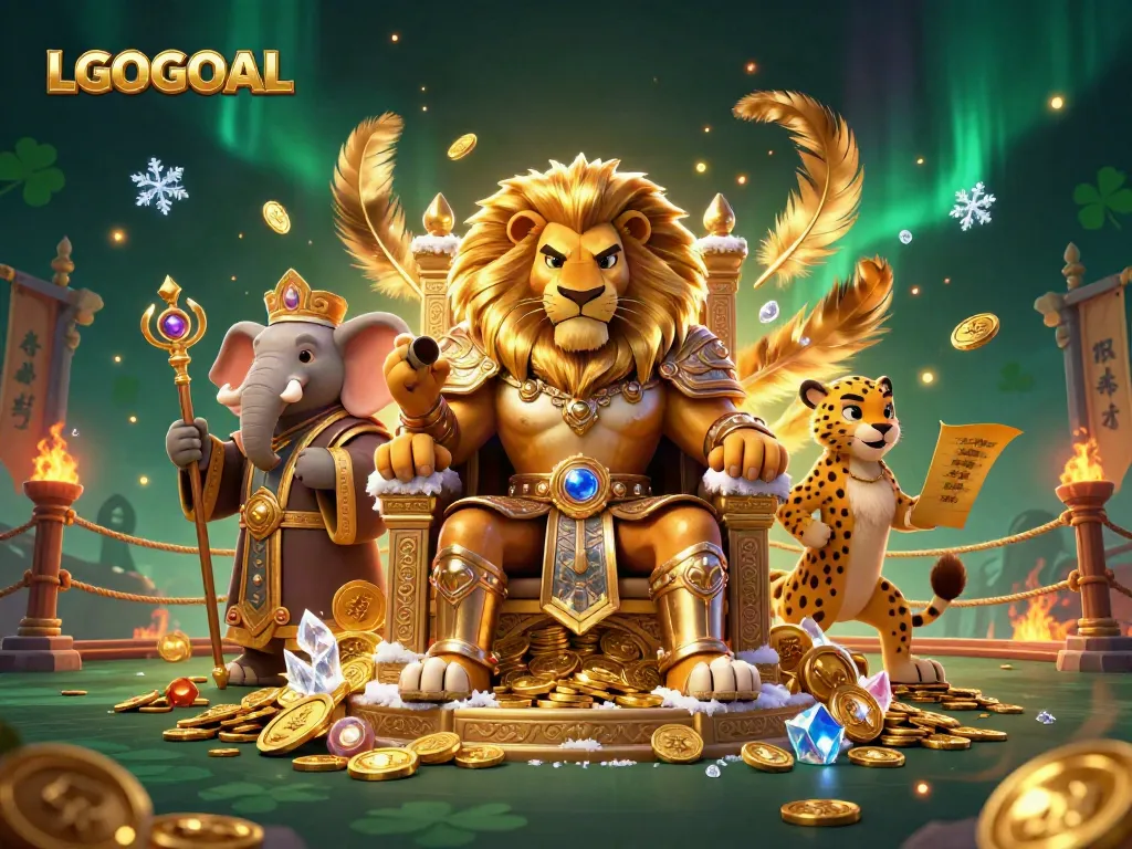 Experience thrilling gameplay with LGOGOAL featuring a fierce lion king on gold coins and vibrant casino elements.