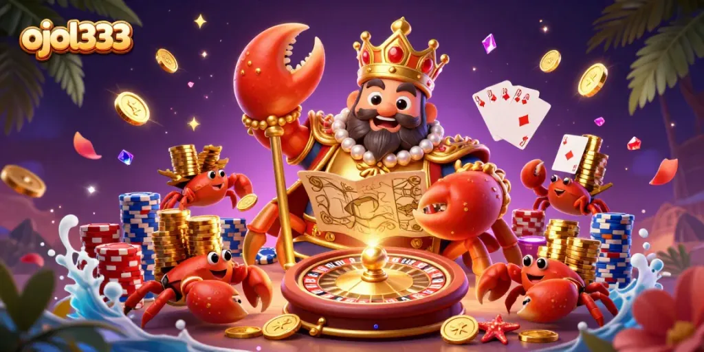 Watch ojol333's mesmerizing 3D casino scene with a golden crab emperor surrounded by vibrant gaming elements.