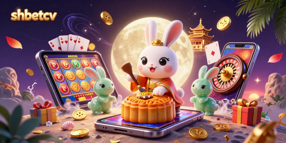 Experience the fun of playing at shbetcv with imaginative graphics of a moon rabbit enjoying casino games.