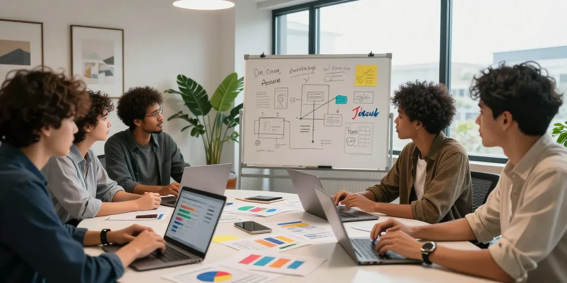 Team collaborating on digital marketing strategies around link slot concepts in a vibrant office