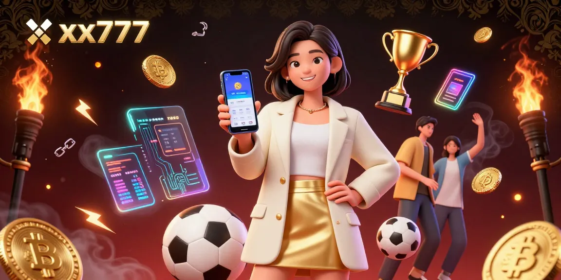 Bet on xxx777 with a vibrant illustration of a stylish Asian woman showcasing a sports betting app amidst dynamic gaming elements.