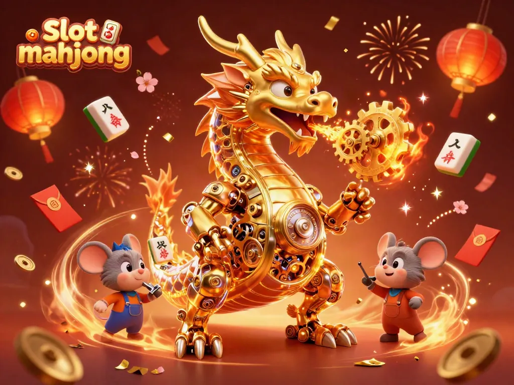 Memainkan slot mahjong dengan ilustrasi naga emas yang menarik, elemen perjudian, dan suasana meriah.