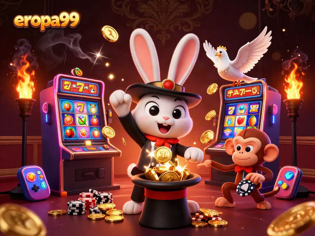 Mainkan slot gacor di eropa99 dengan ilustrasi mengesankan dari pesulap dan koin emas.