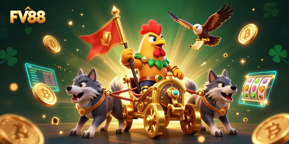 Experience thrilling FV88 adventures with a rooster warlord in an extravagant casino scene.