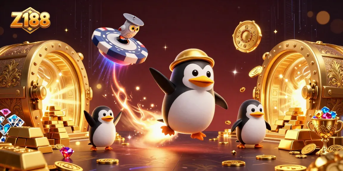 Celebrate winning at Z188 with a golden penguin racing towards a casino chip in a lively space.