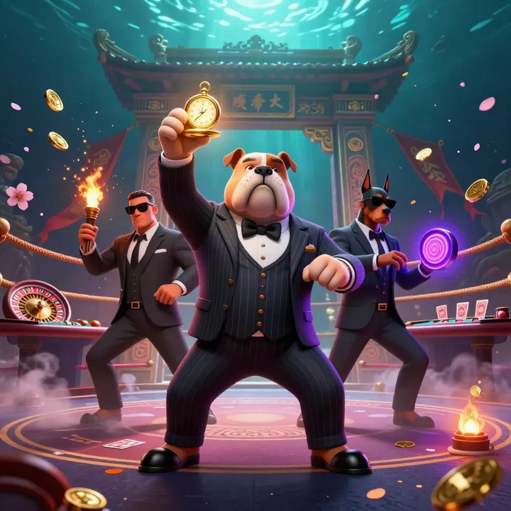 Bulldog mafia 3D dengan dua doberman, roda roulette, meja kartu, gerbang kuil, dan cahaya neon merah.
