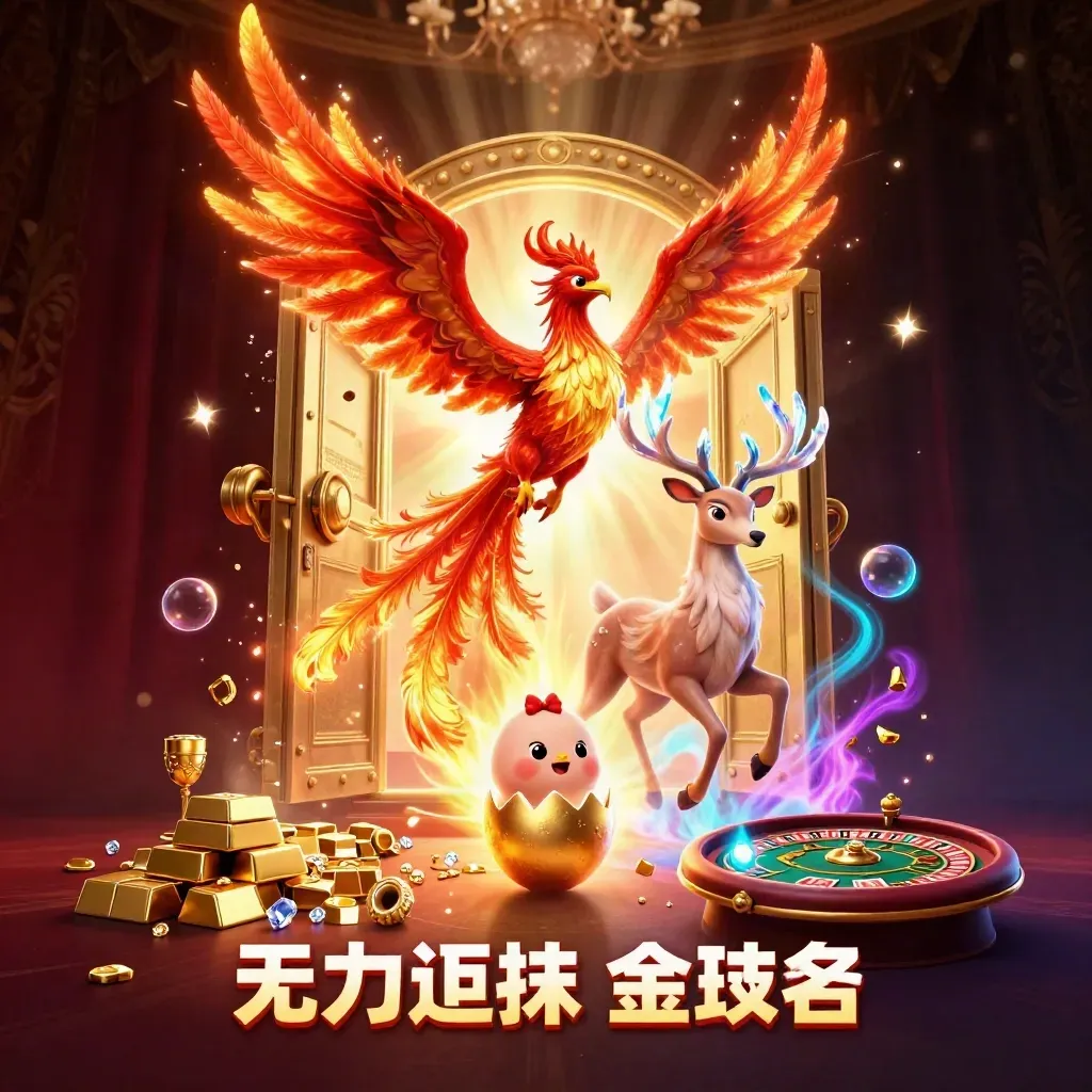 Phoenix api, rusa kristal, telur emas, dan harta kasino neon merah di latar mewah gelap.