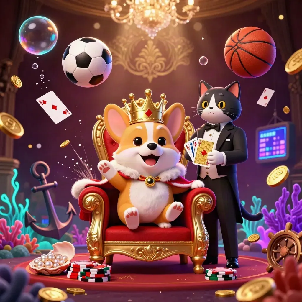 Korgi mahkota di singgasana chip, pelayan kucing, bola dan koin melayang di gua harta bawah laut.