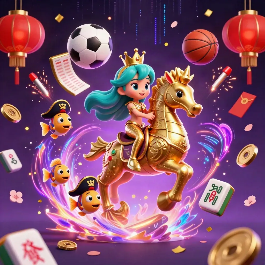 Putri duyung 3D menunggang kuda laut emas dikelilingi ubin mahjong, lampion, koin, dan bola olahraga.
