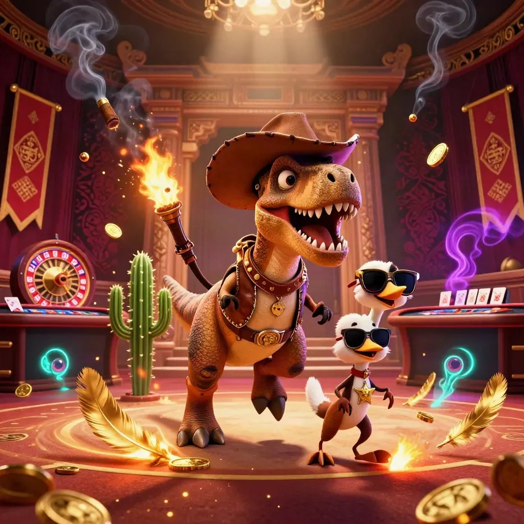 Dinosaurus koboi 3D, kaktus berkacamata, dan roadrunner di kasino mewah bernuansa neon.