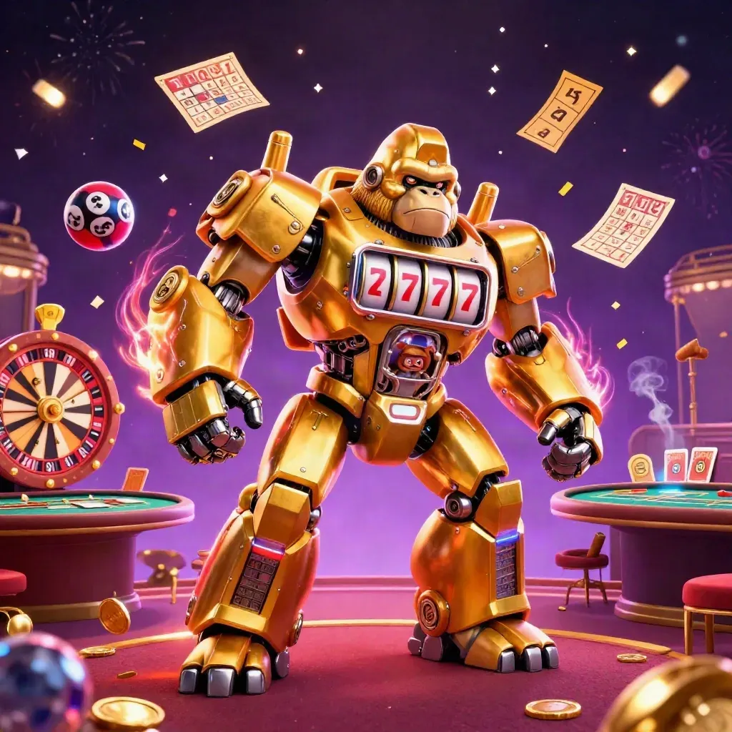 Gorila mech emas dengan monyet pilot, bola lotre, roda roulette, dan kilau kasino futuristik.