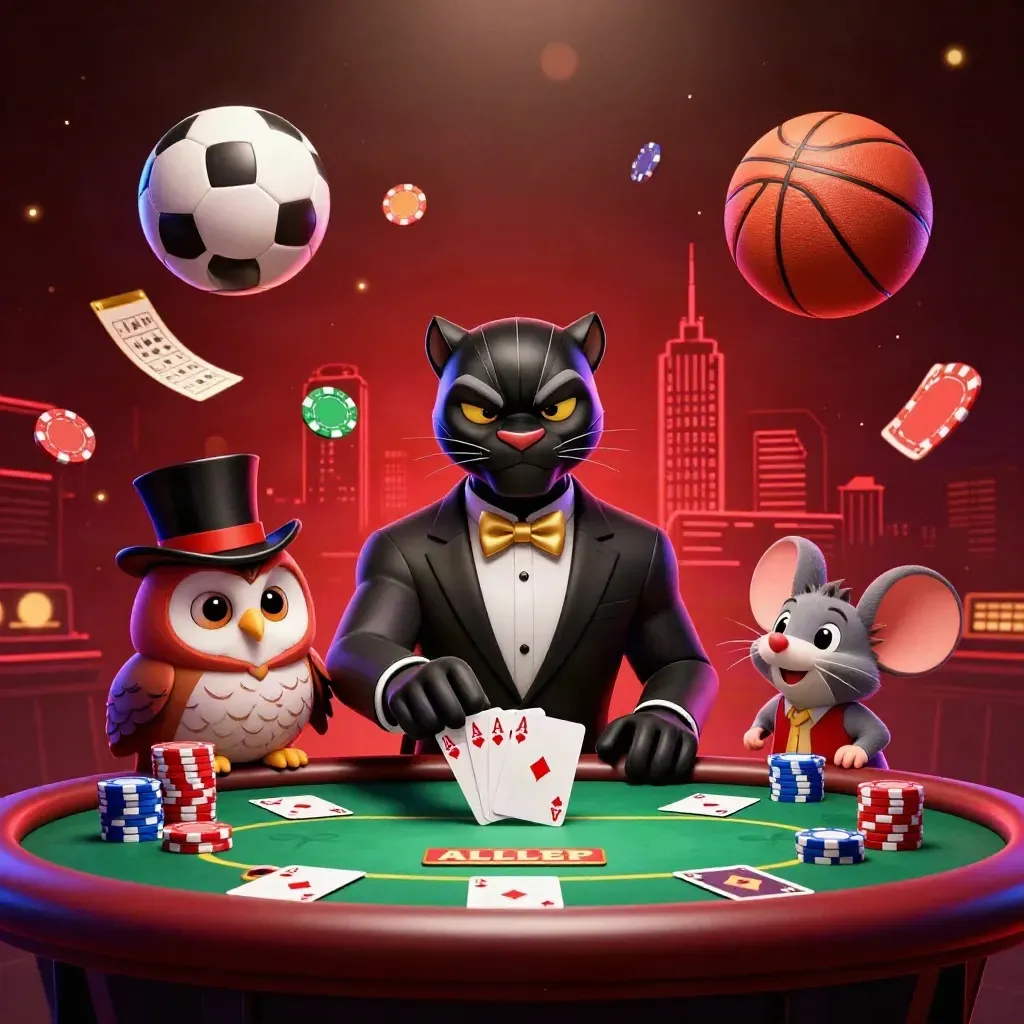 Panter, burung hantu, dan tikus di meja kasino dengan bola melayang dan neon merah emas.