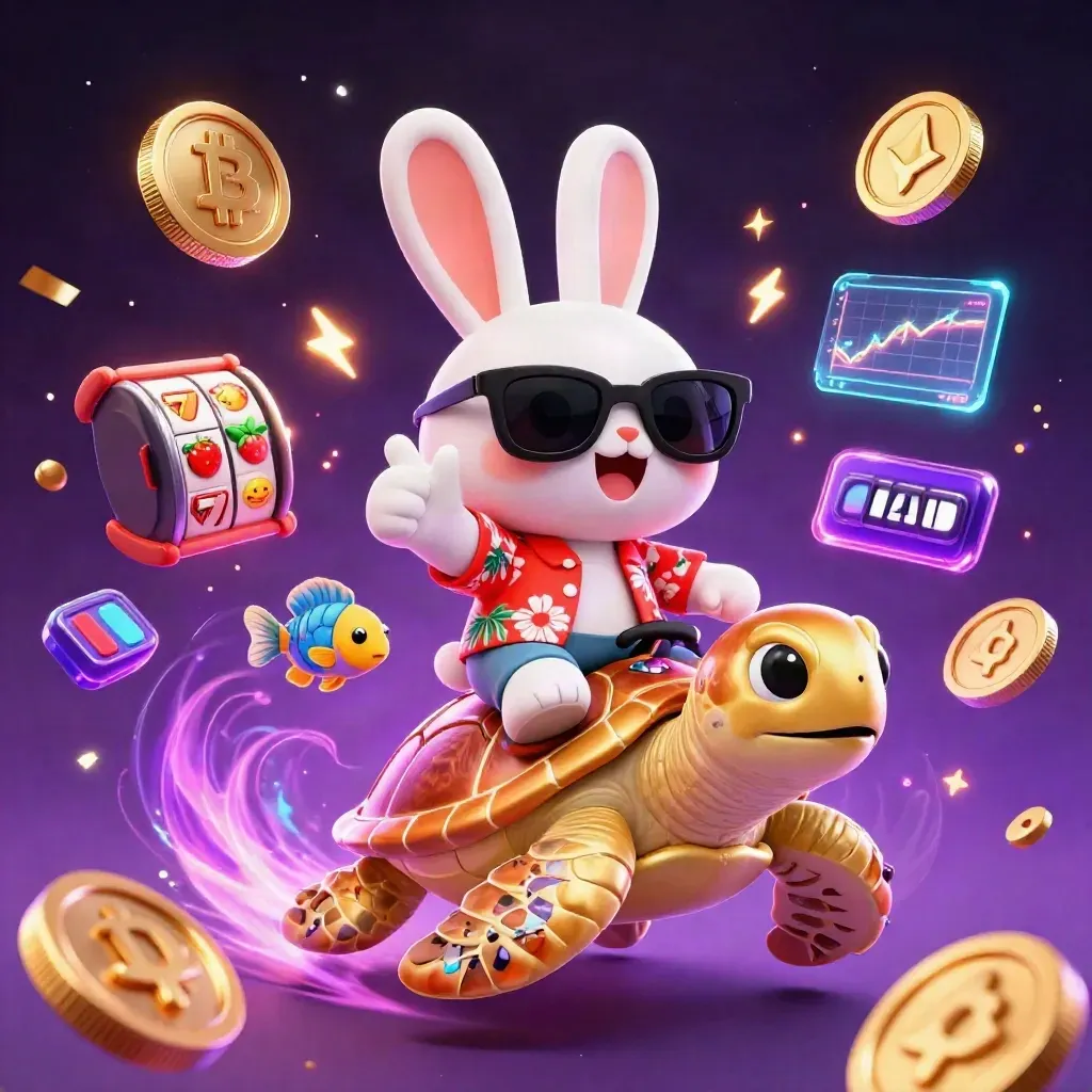 Kelinci lucu naik penyu emas bertabur permata, dikelilingi koin kripto dan kilau neon.