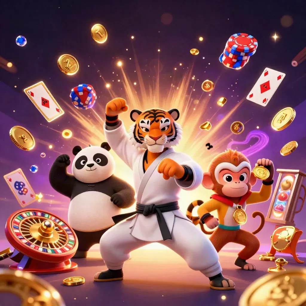 Harimau kung-fu, panda, dan monyet di tengah ledakan koin emas dan cahaya ungu.