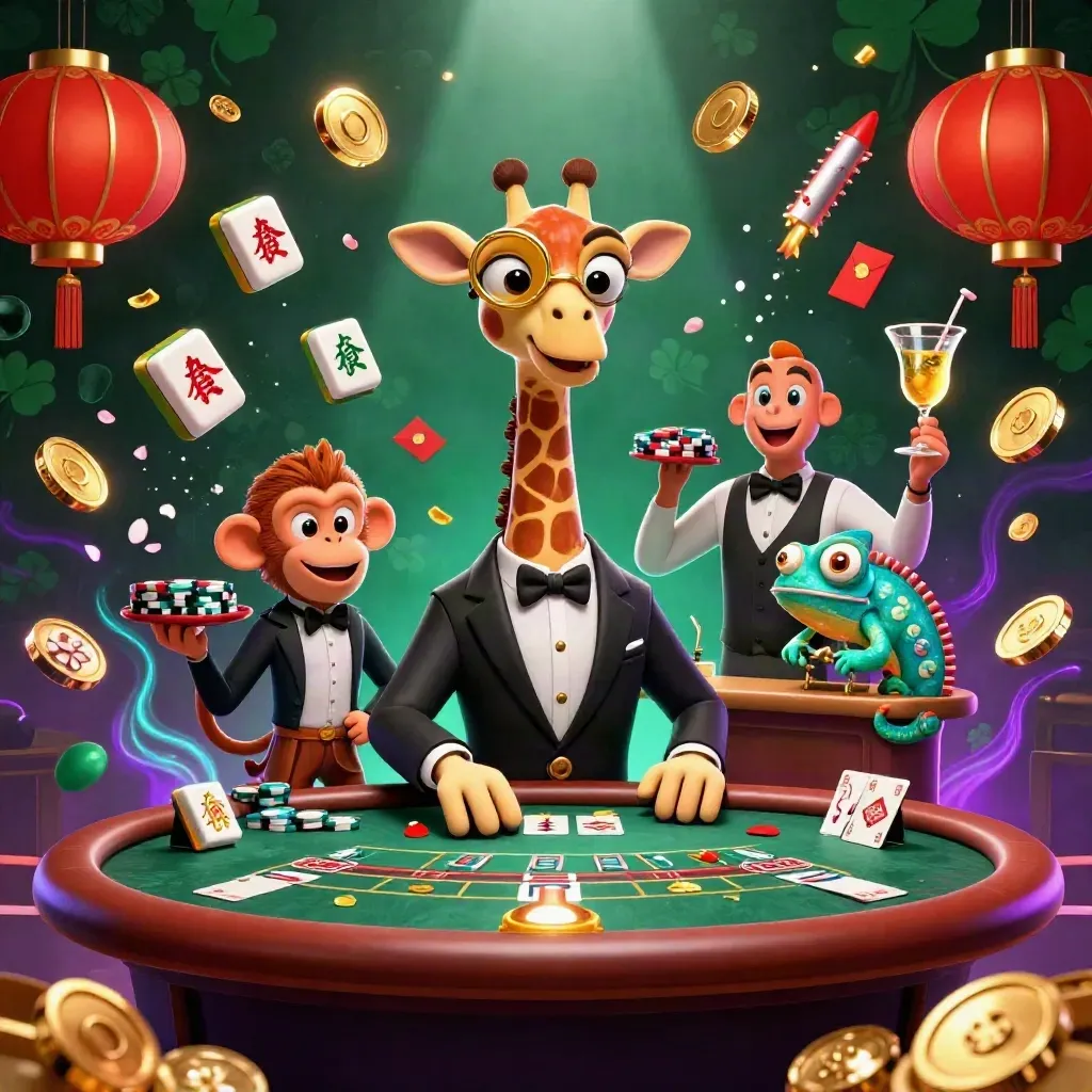 Giraffe, monyet, dan bunglon di meja poker dengan koin, lentera, dan ledakan cahaya neon.