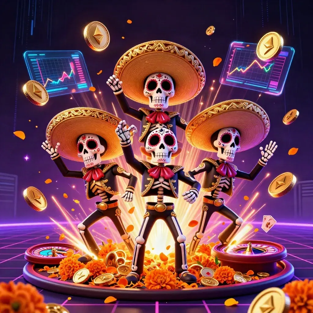 Tiga kerangka mariachi di tengah ledakan koin emas dan efek neon futuristik.