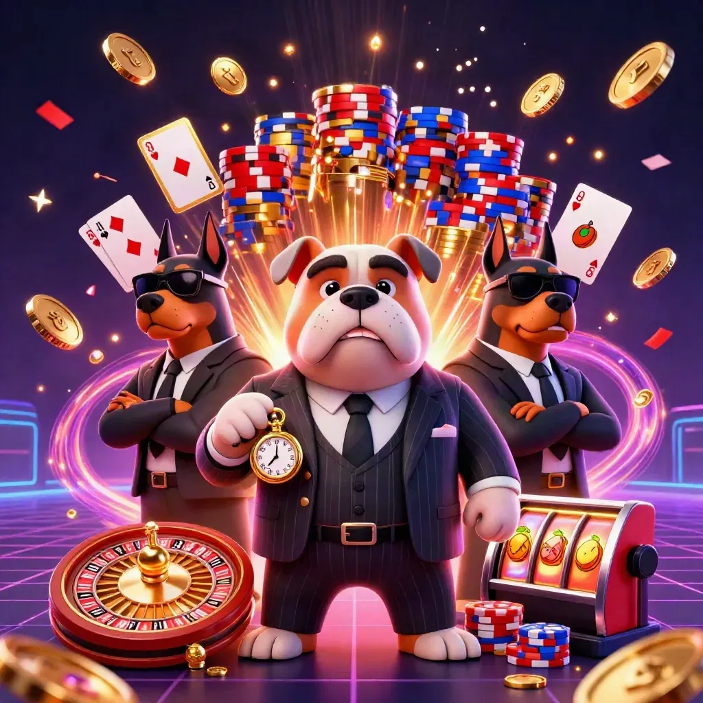 Bulldog bos mafia dan dua Doberman di tengah koin, kartu, roda roulette, dan efek neon mewah.