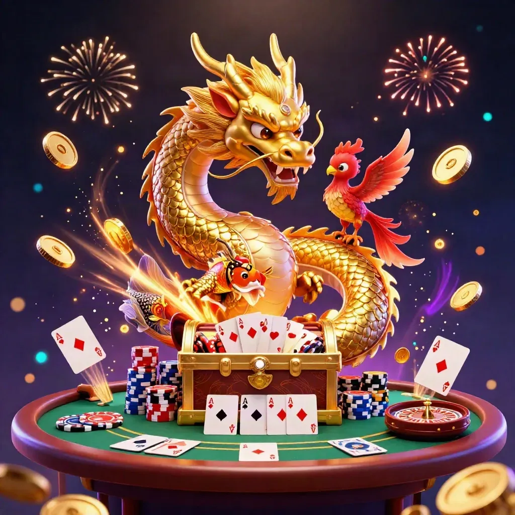 Naga emas 3D, phoenix merah, koi, koin emas, meja kartu, dan efek kasino mewah