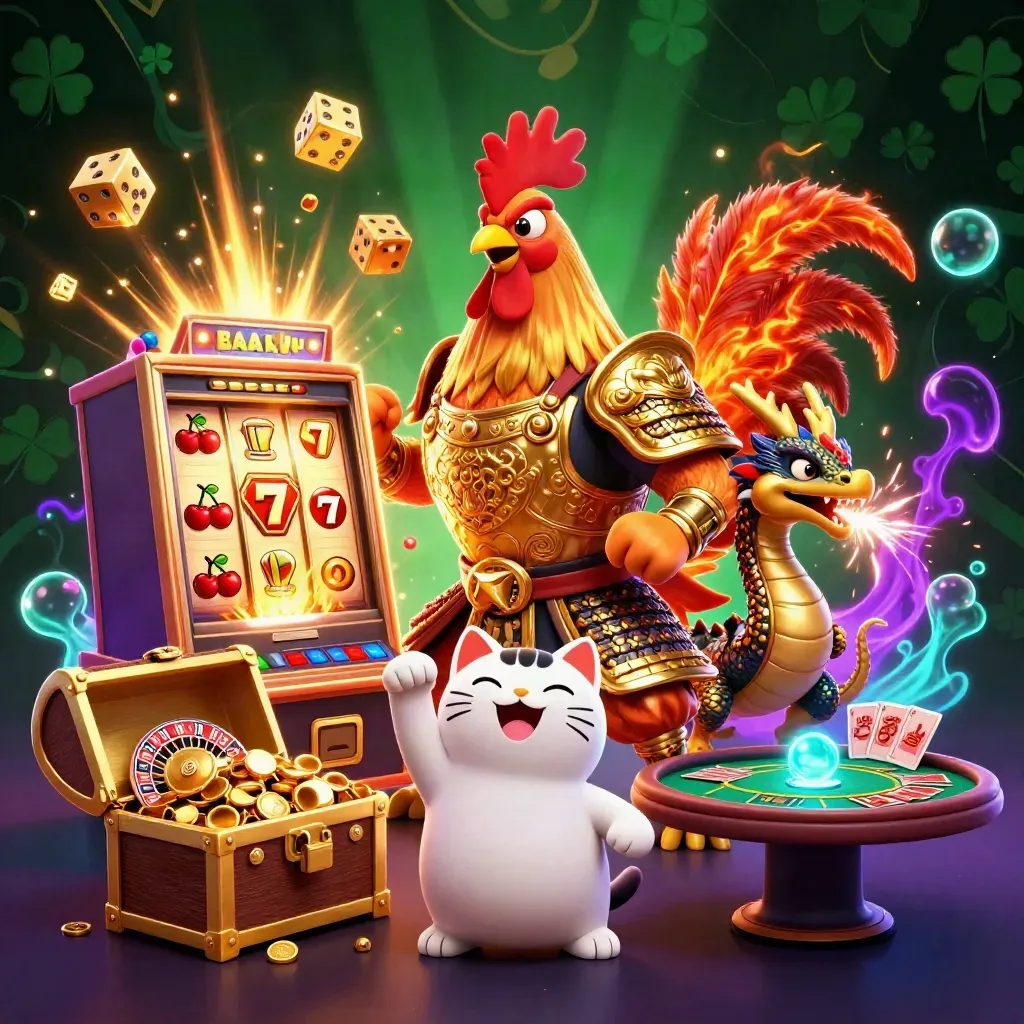 Ayam samurai, naga, dan kucing keberuntungan dikelilingi mesin slot, koin, dan cahaya emas.