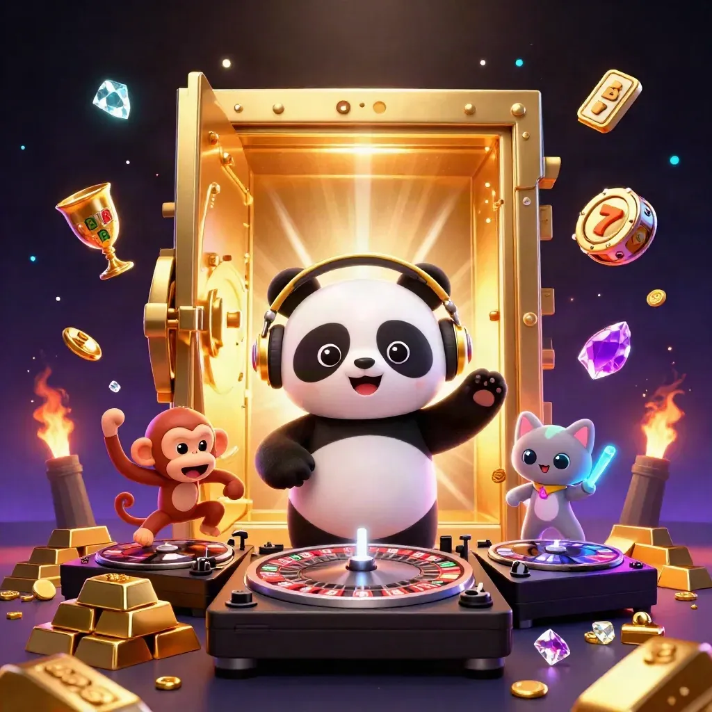 Panda DJ, monyet breakdance, dan kucing glow-stick di depan peti emas terbuka.