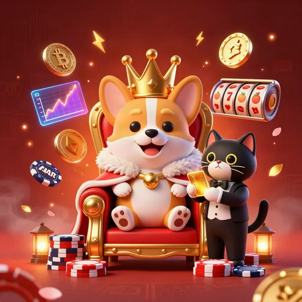 Corgi raja dan kucing pelayan dikelilingi koin kripto, slot, dan efek neon kasino.