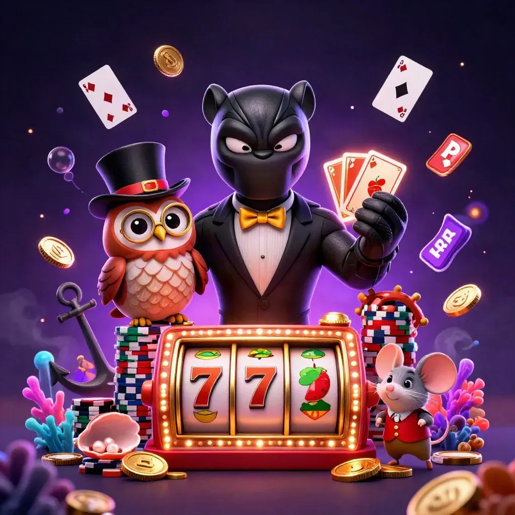 Panther tuxedo, burung hantu, dan tikus bermain kartu di gua harta bawah laut neon.