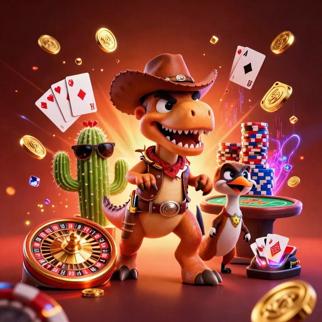 Dinosaurus koboi, kaktus berkacamata, dan burung sheriff dikelilingi koin emas dan roda roulette.