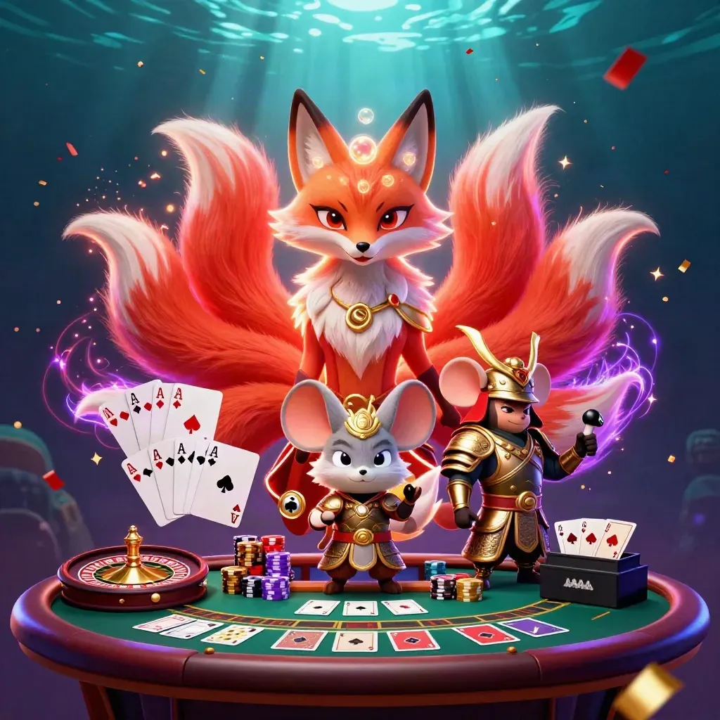 Rubah roh sembilan ekor dan tikus samurai emas di meja kasino, dikelilingi kartu, chip, dan neon.