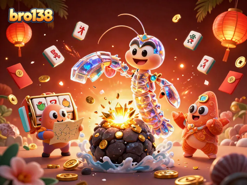 bro138 engages in thrilling casino action with vibrant illustrations of gems and slot reels.