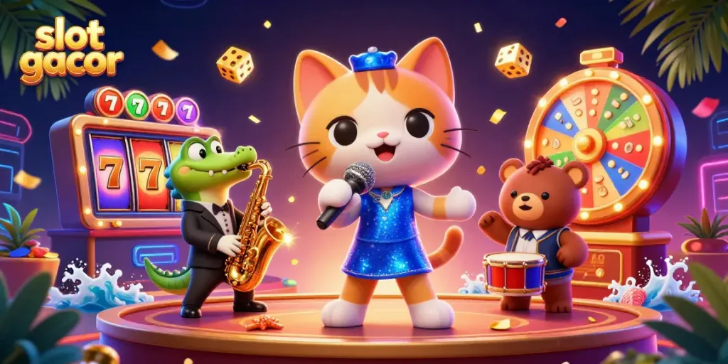 Ilustrasi slot gacor menampilkan kucing penyanyi jazzy, buaya, dan beruang yang bermain alat musik di kasino.