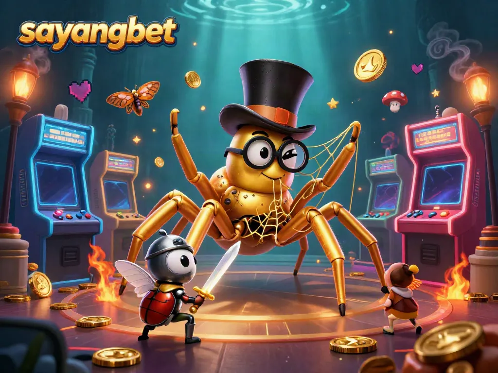 Experience exciting online gaming with sayangbet featuring a whimsical scene of a golden tarantula and brave beetle knight.