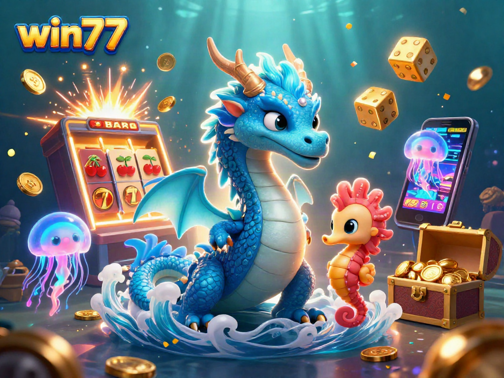Memenangkan jackpot di win77 dengan naga laut dan kuda laut yang berani, dikelilingi oleh mesin slot dan efek koin.