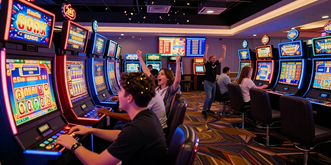 Exciting slot gaming experience at an online casino with players celebrating wins and colorful machines.