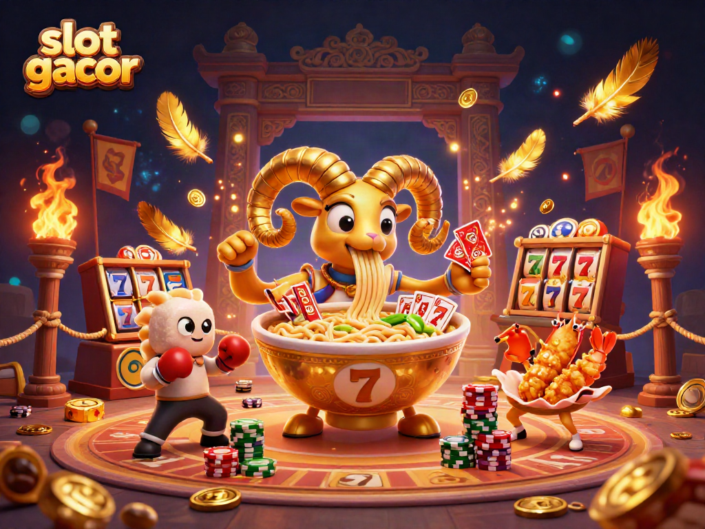 Slot gacor menarik perhatian dengan ilustrasi 3D dari mangkuk ramen dan karakter kasino lainnya.