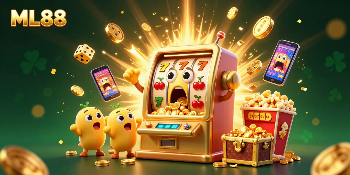 ML88 slot machine celebrates hitting a jackpot amidst golden coins and cheering characters at a vibrant casino.