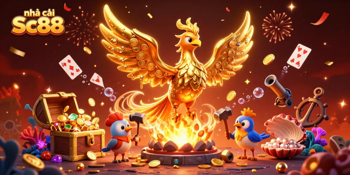 Engage with the nhà cái Sc88 experience featuring a golden phoenix and rich, lively casino elements.