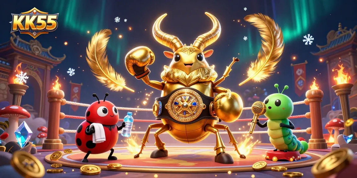 Experience the excitement at KK55 with a golden stag beetle champion and dynamic casino elements.
