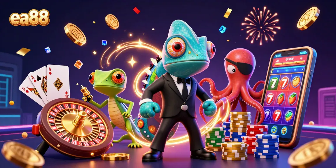 Spin to win with ea88 at a vibrant casino scene featuring various games and characters!