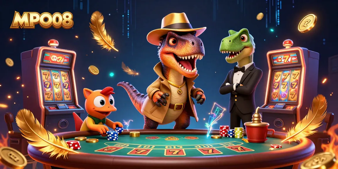 Experience the thrill of MPO08 with a 3D cartoon character at a blackjack table amidst dazzling casino elements.
