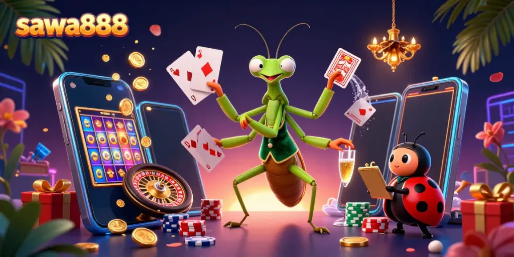 Experience the excitement of sawa888 with a vibrant 3D casino scene filled with charismatic characters and dynamic game elements.